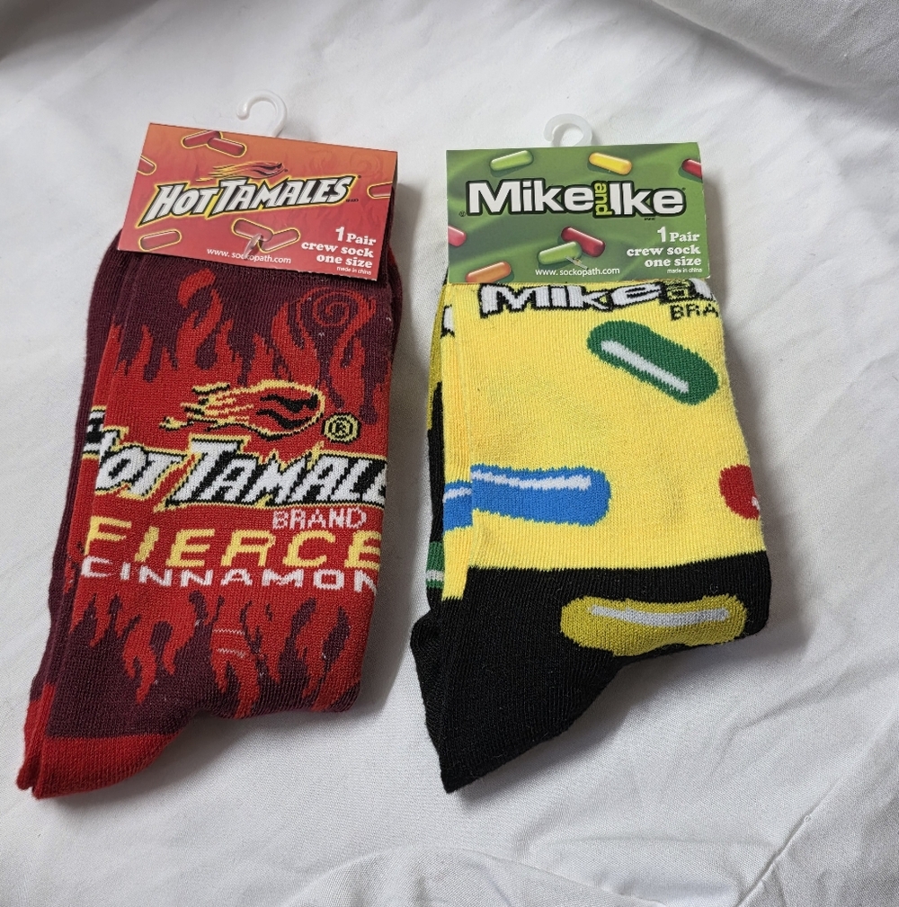 2 Pairs 1 Hot Tamales & 1 Mike and Ike  Socks  red white yellow black Crew